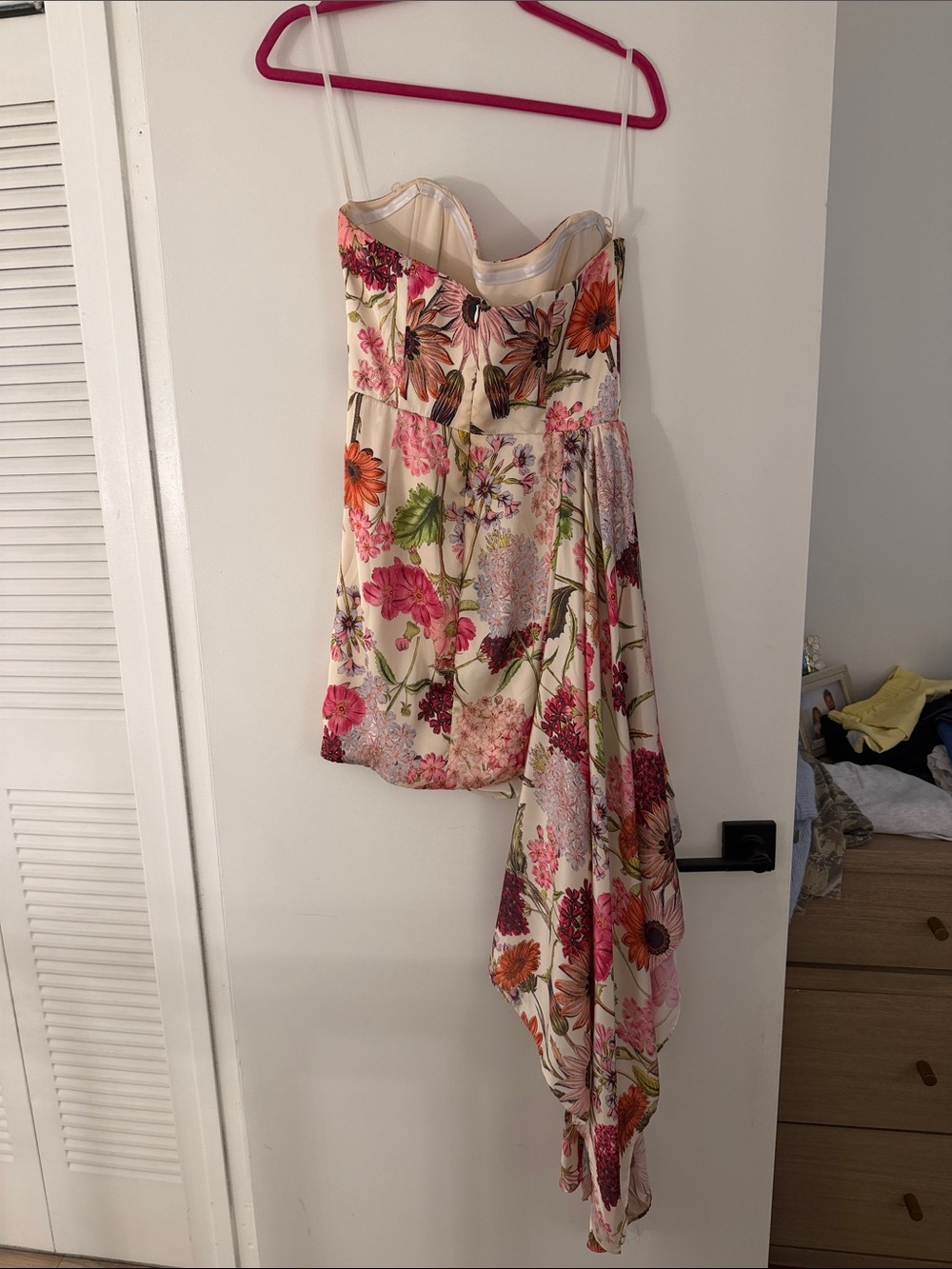 Katie May Floral Asymmetric Cream & Pink Strapless Dress